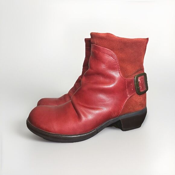 FLY LONDON Mel Red Ankle Leather Boots Buckle Colorful Women US 7 / EU 37 - Picture 1 of 16